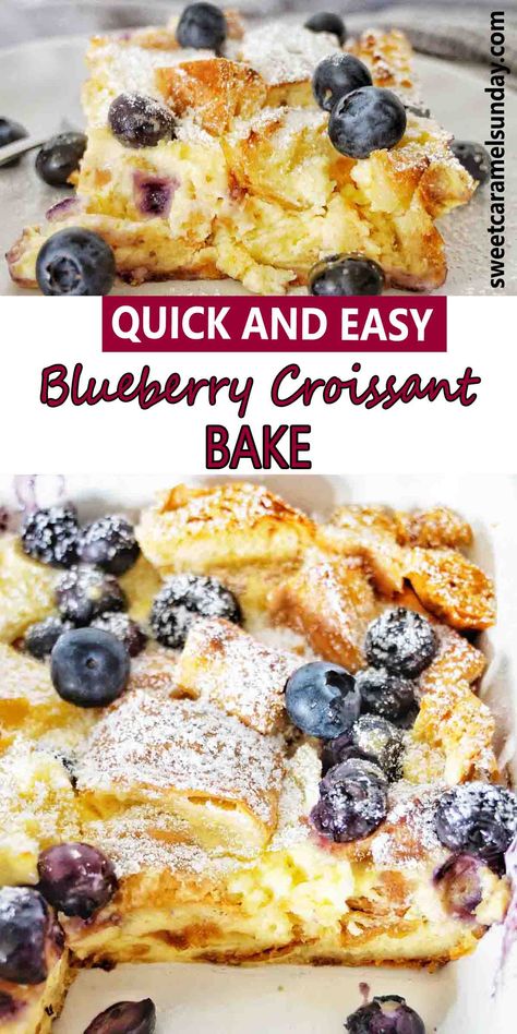 Blueberry croissant bake with fresh blueberries on white plate. There is text written between 2 images. Blueberry Croissant French Toast Bake, Blueberry Cream Cheese Croissant Bake, Blueberry Pancake Casserole Breakfast, Breakfast Bake With Croissants, Blueberry Crossaint Puff, Blueberry Bramble Bake, Breakfast Blueberry Casserole, Breakfast Recipes For A Group, Blueberry Crossiant Recipes