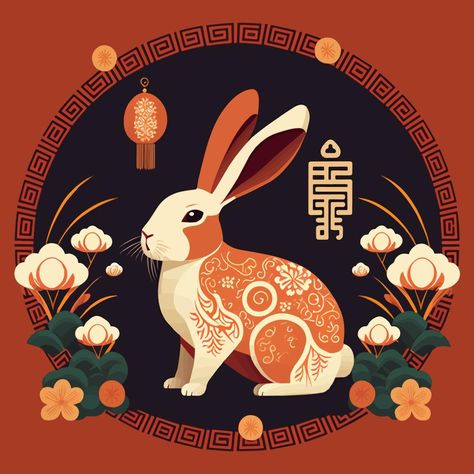 Chinese Rabbit Art, Year Of The Rabbit Tattoo, Easter Illustration Design, Year Of The Rabbit Art, Zodiac Background, Chinese New Year Rabbit, Happy Chinese New Year 2023, Chinese Rabbit, Lunar New Year 2023