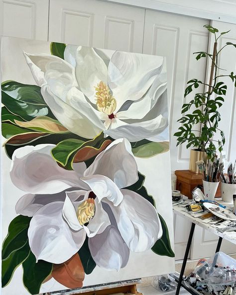 Large Magnolia Painting, Paintings Of Magnolias, Abstract Flower Painting Tutorial, Canvas Art Flowers, Flowers Painting Acrylic, Paintings For Room, Flowers Art Painting, White Flower Painting, Magnolia Painting