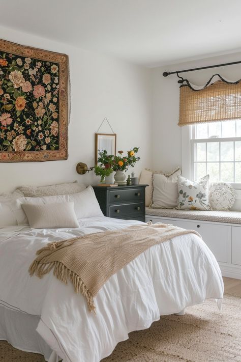 Find inspiration in vintage cottage bedroom decor with our 20 ideas, blending floral patterns and weathered textures for a cozy escape. Vintage Cosy Bedroom, Cottage Bedroom Carpet Ideas, Cottage Inspired Bedroom, Cottage Aesthetic Bedroom, English Cottage Style Bedroom, English Cottage Style Decor, Cottage Bedroom Decor Ideas, Small Cottage Bedroom Ideas, Vintage Cottage Bedroom