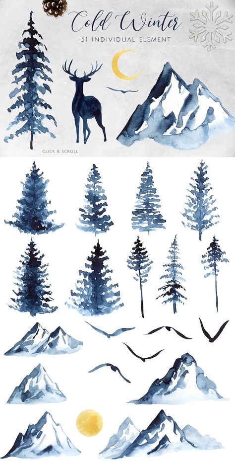 Watercolor Mountains and Forest Winter Woodland Clipart Blue Fog... Cute Winter Drawings, Winter Drawings Easy, Cold Drawing, Fog Landscape, Mountains And Forest, Woodland Clipart, Winter Drawings, Walpapers Cute, Forest Drawing