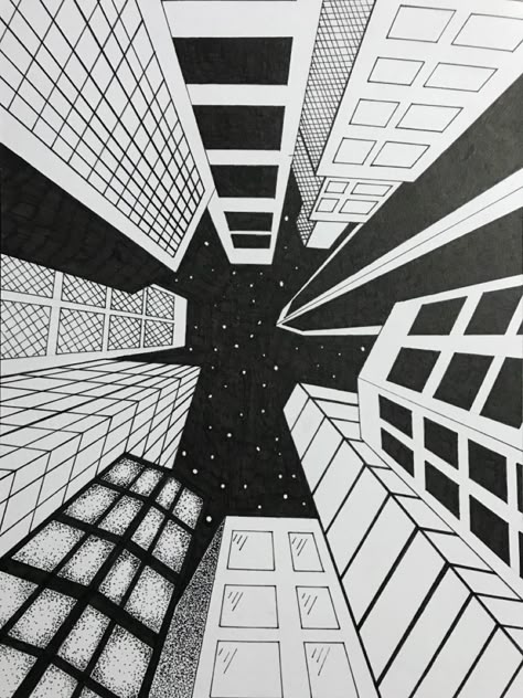 3d Drawings Building, One Way Perspective Drawing, Night City Drawing Sketch, Perspective Art Buildings, Easy Building Drawings, 3d Building Drawing, Building Perspective Drawing, City Buildings Drawing, 3d Drawings 3d Artwork