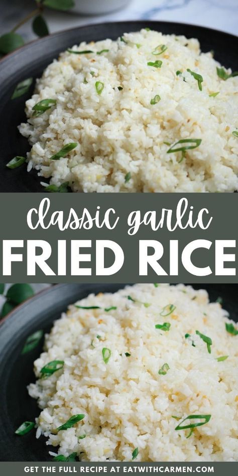 Easy Filipino Garlic Fried Rice Recipe (Sinangag): Enjoy the simple and savory flavors of Filipino garlic fried rice, also known as Sinangag, a perfect side for any meal. Fried Rice Plating, Garlic Rice Filipino, Fried Rice Filipino, Filipino Fried Rice Recipe, Sinangag Recipe, Fried Rice Korean, Filipino Fried Rice, Filipino Garlic Fried Rice, Rice Plating