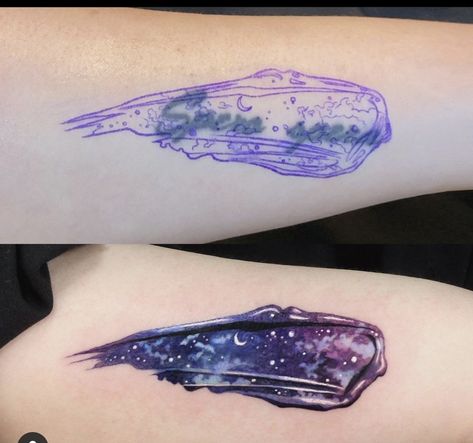 Watercolour Galaxy Tattoo, Watercolor Night Sky Tattoo, Color Galaxy Tattoo, Paint Smear Tattoo, Purple Watercolor Tattoo, Space Cover Up Tattoo, Cosmic Tattoo Galaxies, Chest Cover Up Tattoo, Coverup Tattoo Ideas For Women