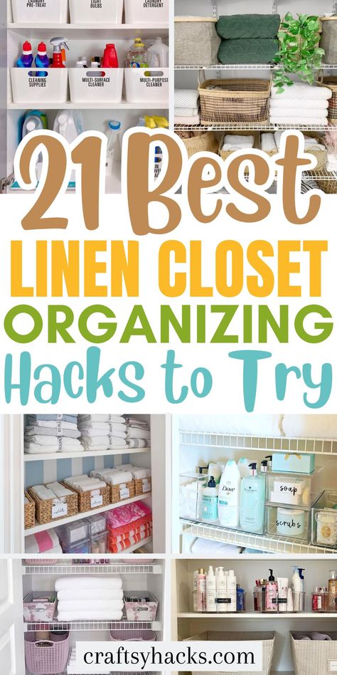 Transform your space with these simple yet effective linen closet organization tips! Utilize labelled containers, tiered shelving, and clear bins to keep your linens neatly stored and easy to find. These closet storage hacks will keep everything in order and maximize your space! Master Linen Closet Organization, Organize Deep Linen Closet, Organise Linen Closet, Linen Closet Organization Ideas Storage, Dollar Store Linen Closet Organization, Organize Small Linen Closet Ideas, Linen Closet Wire Shelves, Simple Linen Closet Organization, Small Linen Closet Design