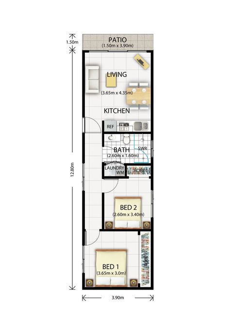 Granny Flat Plans, Flat Plan, Narrow House Designs, Narrow House Plans, Tiny House Layout, Small House Floor Plans, Apartment Floor Plans, Narrow House, Tiny House Floor Plans