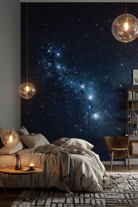 bedroom lighting, ceiling lights, bedside lamps, floor lamps Space Bedroom Aesthetic, Galaxy Bedroom Ideas, Space Themed Bedroom Aesthetic, Space Aesthetic Room, Coastal Boho Living Room, Gaming Nook, Galaxy Bedroom, Best Color Schemes, Productive Work