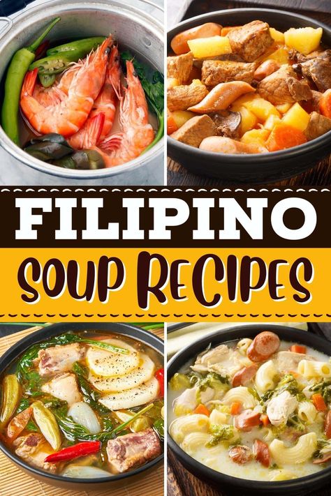 These classic Filipino soup recipes are full of flavor! From arroz caldo to sinigang to pork menudo, you'll want to sample them all. Filipino Sinigang Pork, Pork Menudo, Chicken Sotanghon Soup, Filipino Soup Recipes, Pilipino Food Recipe, Soup Base Recipe, Pork Sinigang, Filipino Soup, Sinigang Recipe