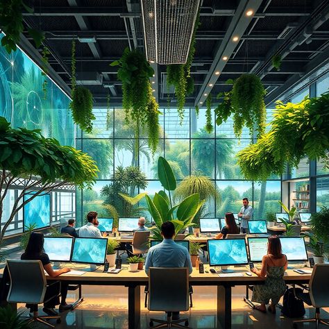 A futuristic office blending nature and technology, featuring virtual screens, greenery, and diverse individuals collaborating, illuminated by soft, ambient light. Tech Startup Office, Startup Office Design, Futuristic Office, Startup Office, Nature And Technology, Creative Lifestyle, Tech Innovation, Tech Startups, Latest Trends In Fashion