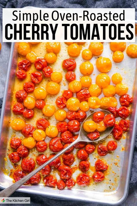 Red and yellow roasted cherry tomatoes and silver serving spoon on baking sheet. Title: Simple Oven-Roasted Cherry Tomatoes. How To Roast Cherry Tomatoes, Roast Cherry Tomatoes In Oven, Roast Tomatoes In Oven For Sauce, Roasting Cherry Tomatoes In Oven, Roast Tomatoes In Oven, Roasted Cherry Tomatoes Oven, Roasted Tomatoes Oven, Freezing Cherry Tomatoes, Oven Roasted Cherry Tomatoes