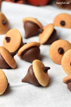 Chocolate Acorns are the cutest Fall or Thanksgiving treat! Made with Hershey’s Kisses, mini Nilla wafer cookies, and semisweet chocolate chips, these couldn’t be easier! Chocolate Acorns, Pelottava Halloween, Dessert Chef, Thanksgiving Snacks, Tasty Desserts, Fall Snacks, Thanksgiving Treats, Holiday Snacks, Gobble Gobble