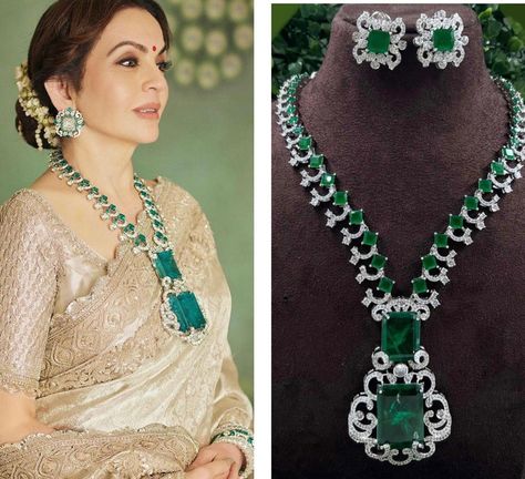 Nita Ambani inspired emerald green american diamond long necklace set. #statementjewelry #earrings #bangles #fashion #trendy #weddingseason #jewelry #weddingjewelry #fashionjewelry #kundanjewelry #punjabiwedding #indianwedding #india #pakistan #canada #vancouver #toronto #brampton #usa #california #bayarea #sanfrancisco #texas #dallas #houston #newyork #chicago #sanantonio #florida #gehnagalleryusa Ambani Jewellery, Diamond Long Necklace, Nita Ambani, Emerald Green Stone, Long Necklace Set, Emerald Set, Canada Vancouver, Texas Dallas, Green Stones