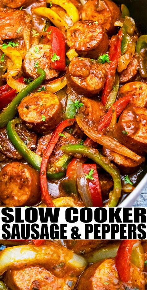 Transform your dinner routine with this deliciously simple slow cooker recipe for hearty sausage and peppers. Perfect for busy weeknights, this dish combines savory sausage with vibrant bell peppers and aromatic spices, all simmered to perfection in your slow cooker. Enjoy a comforting meal with minimal effort and maximum flavor, ideal for feeding the whole family or meal prepping for the week. Let your slow cooker do the work while you savor the mouthwatering aroma that fills your kitchen. Smoked Sausage And Bell Peppers, Ww Smoked Sausage Recipes, Ital Sausage Recipe, Different Healthy Dinner Ideas, Sausage And Meatballs Recipes, Crockpot Recipes Full Meal, Low Carb Recipes Sausage, Dinner Recipes For Two Sausage, Italian Sausage Sandwich Crockpot