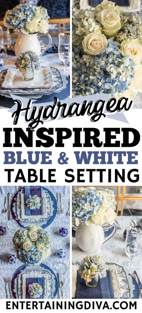 Blue And White Hydrangea, Blue And White Tablescapes, Blue And White Table Setting, White Hydrangea Centerpieces, Hydrangea Centerpieces, White Table Setting, Chinoiserie Vases, Gold Place Setting, Gold Table Setting