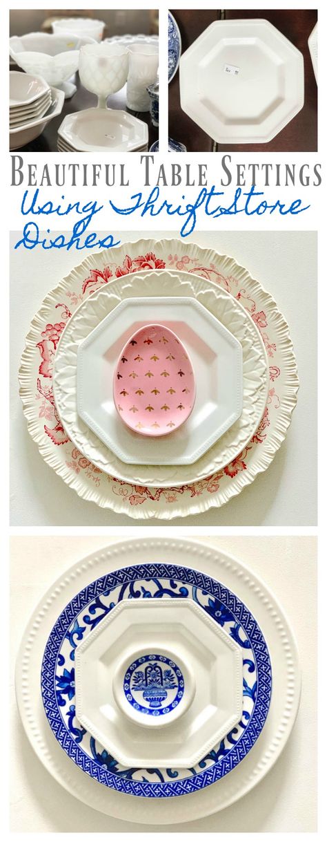 Beautiful Table Settings with Thrifted Finds – Thrifty Style Team Thrift Store Table Setting, Thrifted Table Settings, Thrifting Decor, Dreamy Architecture, Thrifted Table, Thrifty Style, Pink Tablescape, Cottage Diy, Thrift Store Decor