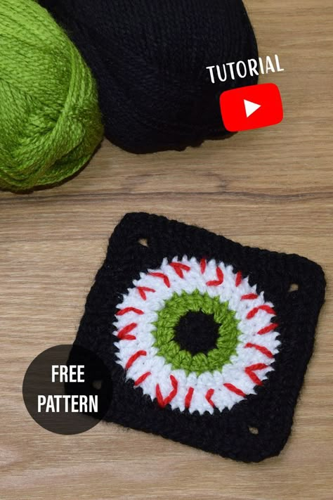 Eyeball Granny Square Pattern Free, Crochet Eye Granny Square Free Pattern, Eyeball Granny Square Pattern, Crochet Halloween Granny Square Patterns Free, Eyeball Crochet Granny Square, Horror Granny Square, Eyeball Crochet Pattern, Crochet Halloween Squares, Crochet Eyeball Granny Square