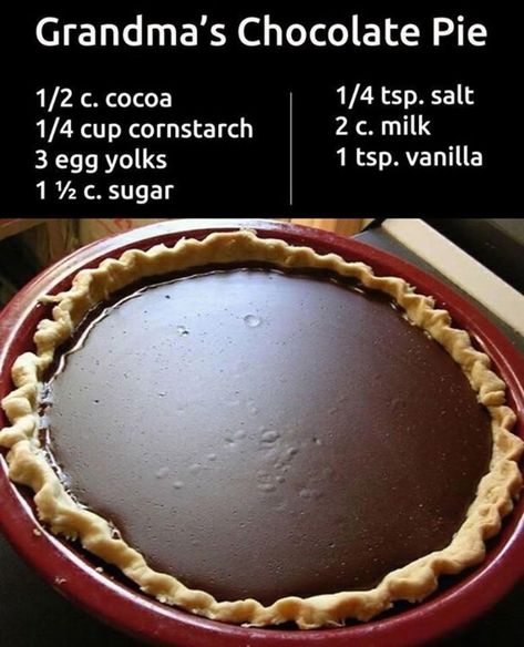 This recipe does not have meringue on it. You could make the meringue if you want. Mix cocoa, cornstarch, beaten egg yolks; sugar and salt and vanilla, then add milk gradually, while stirring in a pot over med-high heat. Cook until thick, beating it smooth. Pour into a pre-baked pie shell. Put in the fridge to chill. Grandma's Chocolate Pie, Homemade Chocolate Pie, Chocolate Pie Recipes, Postre Keto, Valentine Desserts, Chocolate Pie, Chocolate Pies, Egg Yolks, Delicious Pies