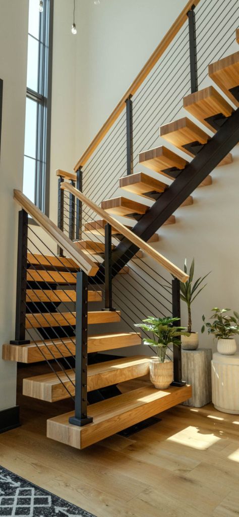 Industrial Stairs, Painted Staircases, Open Stairs, Modern Family Rooms, Escalier Design, Wood Staircase, Steel Stairs, Floating Stairs, Floating Staircase