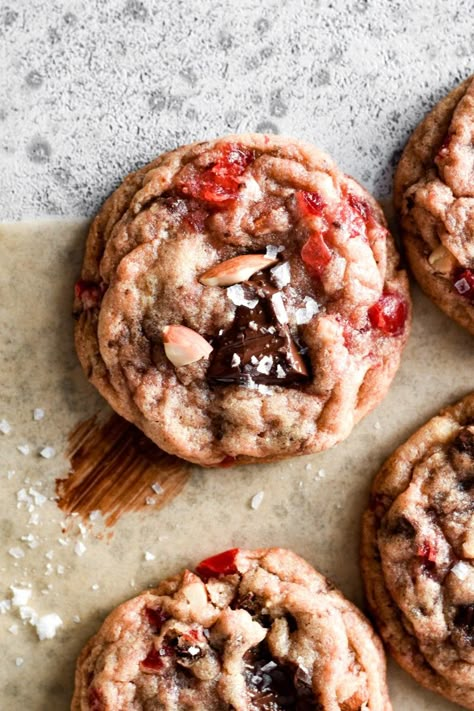 Cherry & Almond Chocolate Chip Cookies Chocolate Cherry Amaretto Cookies, Chocolate Cherry Almond Cookies, Cherry Chocolate Chunk Cookies, Cherry Almond Chocolate Cookies, Cherry Nut Cookies, Cherry Amaretto Cookies, Cherry Almond Chocolate Chip Cookies, Cherry Almond Desserts, Cherry Baked Goods