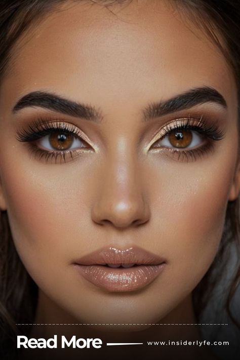 Soft Contour and Highlighter with Natural Lips Natural Glowy Eye Makeup, Brown Eyes Bride Makeup, Brown Makeup Looks Wedding, Photoshoot Makeup Natural, Hollywood Glam Eye Makeup, Wedding Hooded Eye Makeup, Bridal Makeup For Brown Skin Indian, Make Up For Champagne Gown, Bridesmaid Makeup Full Glam