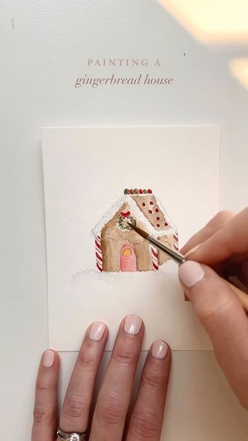 Christmas Gingerbread Painting, Gingerbread House Watercolor Painting, Watercolour Gingerbread House, Gingerbread House Sketch, Gingerbread House Watercolor, Watercolor Gingerbread House, Watercolor Fireplace, Simple Watercolor Christmas Cards, Gingerbread House Painting