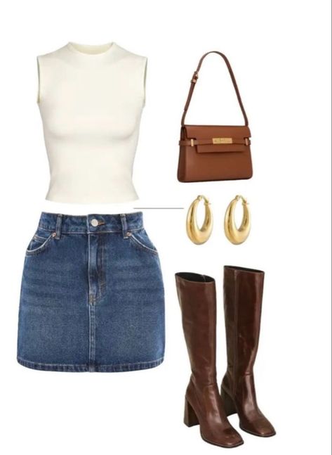 White shoulder tank with a denim skirt. Brown heeled bloots and accessorized with a brown purse and gold hoops! #summeroutfitideas #fashion #denim #skirtfashion #boots #heels #summer #pursesandhandbags #goldhoopearrings Brown Boots Heels Outfit, Blue Heel Outfit, Brown Purse Outfit Summer, Sweater And Jean Skirt Outfit, Brown Boots Summer Outfit, Classic Night Out Outfit, Brown Boots Outfit Summer, Brown Heel Boots Outfit, Brown Denim Skirt Outfit