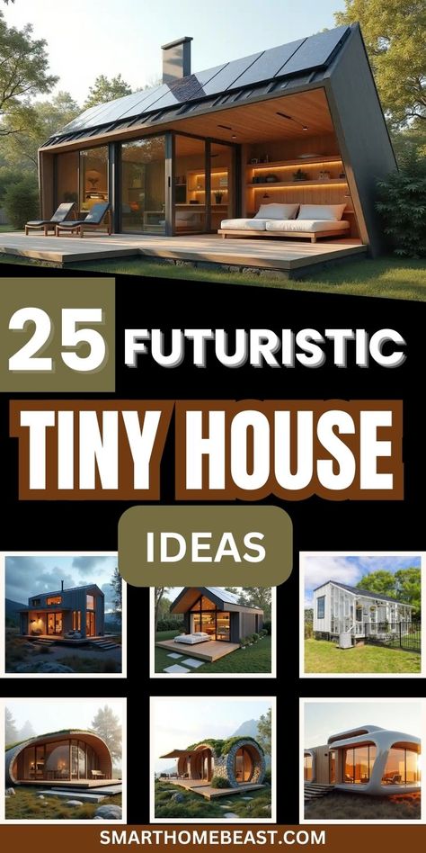 A collection of futuristic tiny house designs featuring sleek exteriors, multifunctional furniture, space-efficient interiors, and eco-friendly materials. Tiny House With Spiral Staircase, Small Tiny House Ideas, Minimalist Small House Design, Tiny House Ideas Interior, Modern Nordic House, Tiny Homes Ideas, Unique Tiny Houses, Minimal Home Design, Space Saving Furniture Tiny Houses