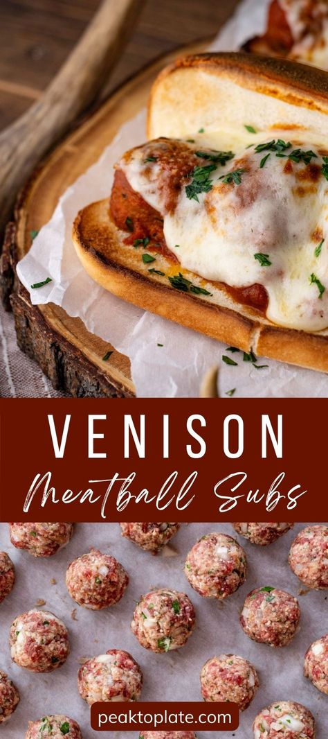 Venison meatball subs are the perfect weeknight wild game dinner that the whole family will love! Tender venison meatballs simmered in savory marinara sauce, topped with melted provolone cheese on a toasted hoagie roll, every bite is delicious! Healthy Venison Dinner Recipes, Venison Swedish Meatballs, Deer Meatballs Recipes, Venison Recipes Backstrap, Venison Dinner Ideas, Wild Game Recipes Deer, Venison Queso Dip, Recipes With Venison, Party Food Platters Dinners