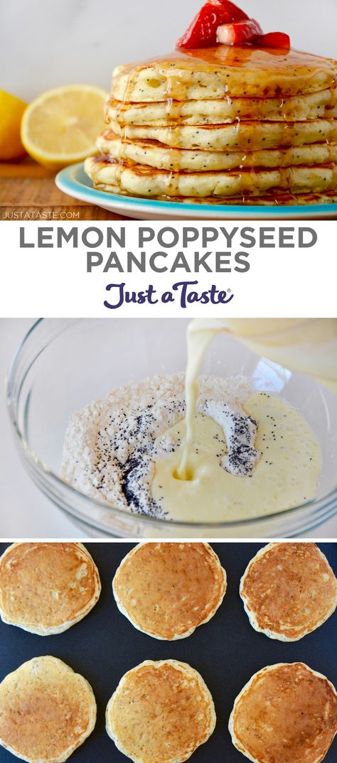 Lemon Poppyseed Pancakes recipe from justataste.com #recipe #breakfast #breakfastrecipes #summer Lemon Chia Seed Pancakes, Summer Pancake Recipes, Spring Breakfast Ideas, Summer Pancakes, Poppyseed Recipes, Poppyseed Pancakes, Lemon Poppy Seed Pancakes, Wedding Cake Recipes, Lemon Breakfast