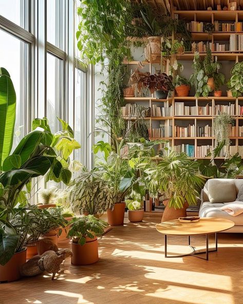 Plants In Library, Sunroom Plants Decor, Plants Bookshelf, Cozy Teen Bedroom, Botanical Room, Indoor Garden Rooms, Books And Plants, Mini Home Gym, Decor Christmas Home