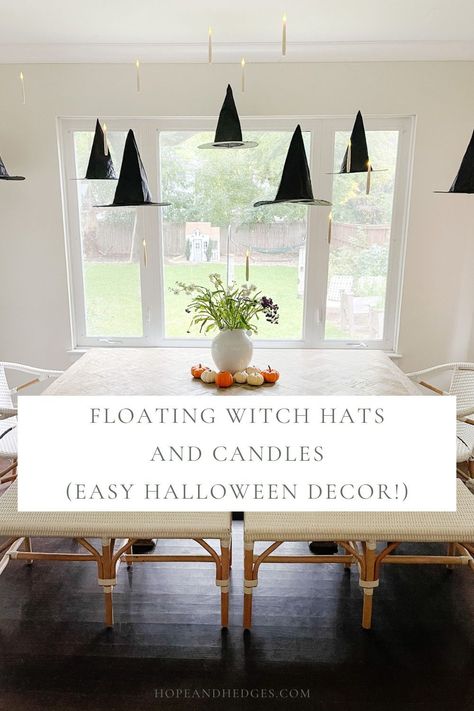 We loved adding these floating witch hats and candles as an easy Halloween decor idea! The floating candles are actually controlled by a remote which makes this PERFECT for an easy way to add Halloween lights indoors! It's such classy halloween decor and the kids LOVE it! Diy Floating Candles Halloween, Hanging Witch Hats And Candles, Diy Floating Witch Hats, Halloween Witch Hat Decorations, How To Hang Floating Witch Hats, How To Hang Floating Candles, Indoor Halloween Lights, Floating Candles Halloween Porch, Witchy Decorations Diy