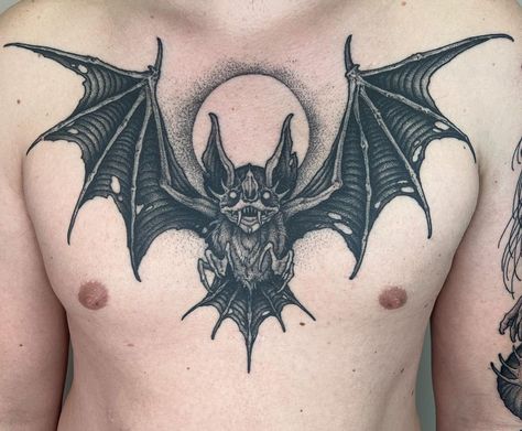 Chest Tattoo Bat, Bat Chest Tattoo, Ink Reference, Bats Tattoo, Bats Tattoo Design, Latest Tattoo Design, Shin Tattoo, Mystical Tattoos, Bat Tattoo