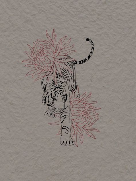 Tiger With Hibiscus Tattoo, Tiger Tattoo For Women With Flowers, Spine Tattoos Animals, Lion And Hummingbird Tattoo, Tiger Tattoo With Cherry Blossoms, Suspicious Minds Tattoo, Spine Tattoos For Women Tiger, Asian Mythology Tattoo, Year Of The Tiger Tattoo For Women