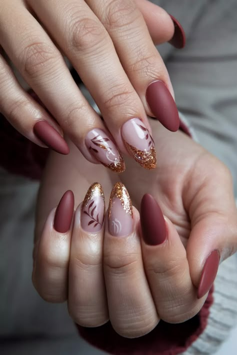 Embrace the beauty of autumn with these stunning fall nail ideas that feature delicate maple leaves dusted with shimmering glitter. The warm hues of red, orange, and gold mimic the vibrant foliage outside, while the glitter adds a magical touch that makes your nails truly pop. Perfect for cozy gatherings or a day out, these nails are sure to turn heads! Try this look and let your nails celebrate the season! Diwali Inspired Nails, Gold And Red Nails Acrylic, Fall Acrylic Nails Almond, Brown Nails For Fall, Diwali Nails, Wedding Gel Nails, Brown Nail Ideas, Nail Ideas For Fall, Nails For Fall