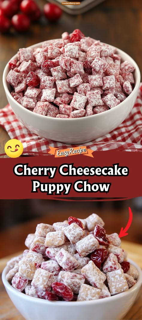 Enjoy a fun and festive twist on a snack favorite with Cherry Cheesecake Puppy Chow. This version mixes the flavors of cherry cheesecake into the classic puppy chow mix, coated with powdered sugar for a sweet and crunchy treat. #PuppyChow #CheesecakeFlavor #SnackTime Pudding Puppy Chow, Appetizers And Desserts Party, Cherry Pretzel Dessert Recipes, Apple Pie Puppy Chow, Chex Snacks Recipes, Cheesecake Puppy Chow, Recipes With Twinkies, Desserts With Chex Cereal, Snackmix Recipes