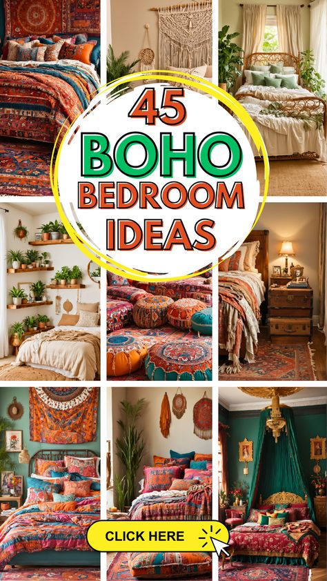 Boho Moroccan Bedroom, Bedroom Nature Theme, Bedroom Boho Ideas, Western Boho Bedroom Ideas, Colorful Bohemian Bedroom Decor, Colorful Eclectic Bedroom, Moroccan Inspired Bedroom, Boho Decorating, Cozy Eclectic