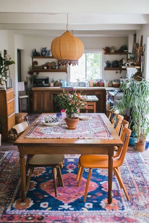 "Elevate your dining experience with the charm of a Boho Chic Dining Room! 🌿🍽️ Perfect for adding personality and warmth to your home. 🌟✨ #BohemianDecor #DiningRoomInspiration #HomeStyle" Mismatched Chairs Dining Room, Cozy Maximalism Dining Room, Boho Chic Dining Table, Eclectic Decor Dining Room, Bohemian Dining Table, 1930s Dining Room, Boho Eclectic Kitchen Table, Hippie Dining Room Table, Dinning Room Boho Wood Tables