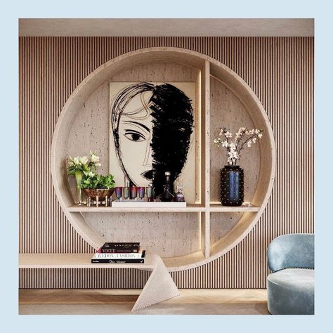 We Ten Design on Instagram: “Bold design choices seems to be @dsmiami signature! We absolutely love this round stone niche as the focal point of this living room.…” Niche Design Wall Bedroom, Wall Niche Ideas Living Room, Niche Ideas Living Room, Niche Design Wall, Stone Niche, Wall Niche Ideas, Niche Shelves, Kitchen Niche, Wall Niches