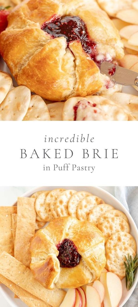 Bre Cheese Appetizers, Baked Brie In Puff Pastry Cranberry, Baked Brie Puff Pastry, Easy Baked Brie Recipe, Baked Brie In Puff Pastry, Brie In Puff Pastry, Easy Baked Brie, Brie Recipes Appetizers, Baked Brie Recipe