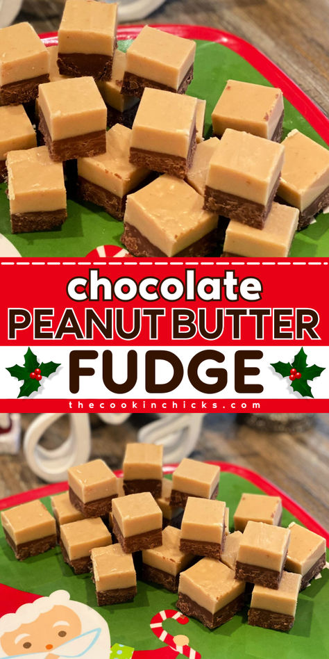 This Chocolate Peanut Butter Fudge is a smooth and creamy treat that is perfect to make at home this holiday season. Using only a few ingredients, this double-layer fudge combines the rich chocolate and creamy peanut butter that is perfect to satisfy your sweet tooth cravings. This quick and easy recipe is an awesome Christmas dessert you can serve to your family and friends. Peanut Butter Velveeta Fudge, Four Ingredient Fudge, Fantasy Fudge Recipe Original Peanut Butter, Peanut Butter Fudge Chocolate, Peanut Butter Fudge With Marshmallow Cream Jiffy, Hershey Bar Fudge Recipe, Fudge Round Recipe, Layered Fudge Recipes, Choc Peanut Butter Fudge