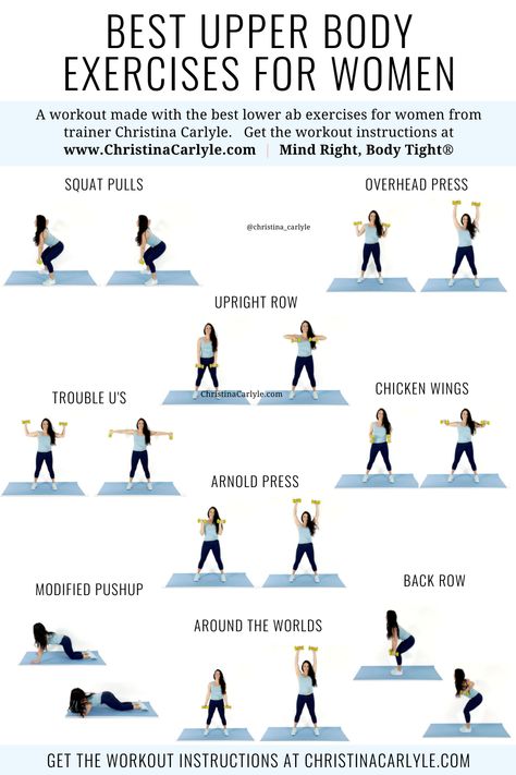 The best upper body exercises for women from trainer Christina Carlyle. Upper Body Exercises For Women, Upper Body Weight Workout, Best Lower Ab Exercises, Upper Body Exercises, Upper Body Workout For Women, Workout Instructions, Holistic Fitness, Training Activities, Exercises For Women