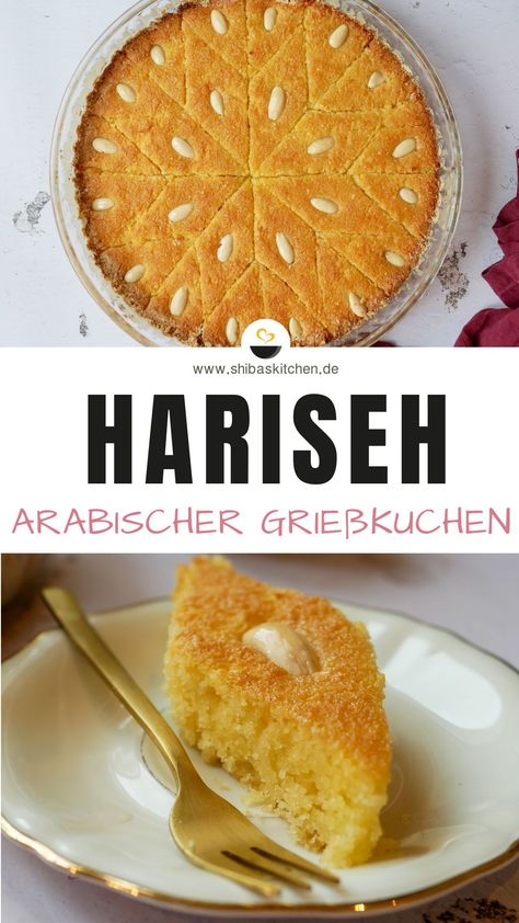 Heute entführe ich dich auf eine kulinarische Reise in den Nahen Osten mit einem köstlichen Rezept für einen arabischen Grießkuchen – auch Hariseh genannt. Ich wünsche dir ganz viel Spaß mit meinem Rezept 🧡. Klicke auf das Bild für das komplette Rezept. Halal Recipes, Baking Business, Arabic Food, Bread Recipes, Muffins, Food And Drink, Bread, Snacks, Baking