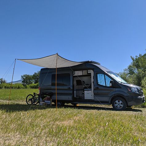 Our Awning Hack - Must Have — DwnShifters Skoolie Awning, Campervan Awnings, Bus Build, Diy Awning, Van Life Ideas, Rv Awning, Camper Awnings, Waterproof Tarp, Diy Campervan