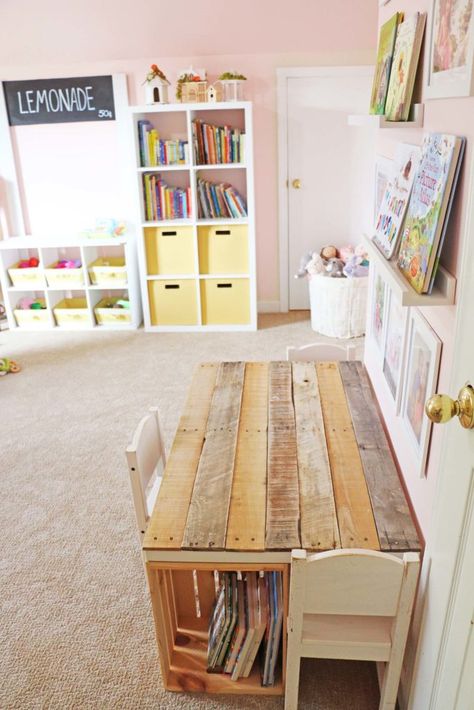 Diy Kids Art Station, Girls Room Desk, Kids Craft Area, Kids Table With Storage, Diy Kids Art Table, Kids Art Station, Basement Transformation, Desk For Girls Room, Crate Projects