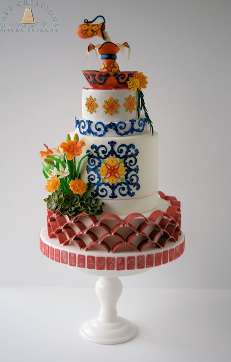 Inspired by the Andalusian style gardens of Old Spain.  Fountain... Spain Cake, Spanish Theme Wedding, Spring Flower Cookies, Under The Sea Cakes, Cuban Wedding, Flower Pot Cake, World Cake, Cherry Blossom Cake, Peter Rabbit Cake