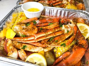 Seafood Oven Recipes, Seafood Bake Recipes Ovens, Seafood At Home, Crab Leg Meal Ideas, Shrimp And Crab Bake, Seafood Feast At Home, Crab Bake Recipe, Seafood For A Crowd, Seafood Bake Recipes