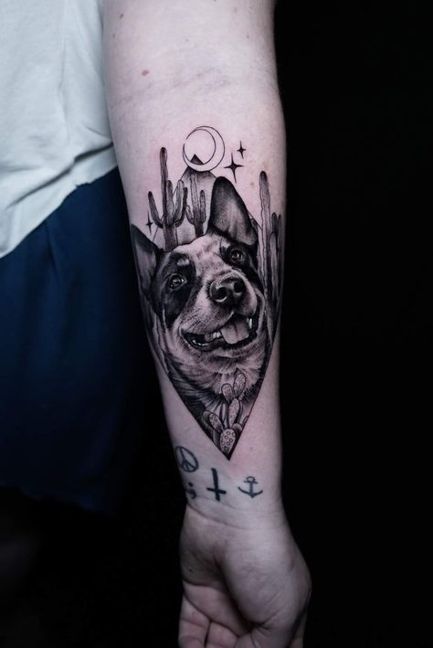 Dog Calf Tattoo, Heeler Tattoo Ideas, Blue Healer Tattoo, Western Dog Tattoo, Multiple Dog Tattoo, Blue Heeler Tattoo, Heeler Tattoo, Cattle Tattoo, Australian Cattle Dog Tattoo