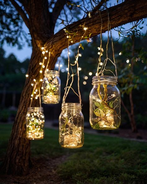 Backyard Night, Crafts With Glass Jars, Clean Crafts, Small Courtyard Gardens, Small Courtyards, Light Magic, Mason Jar Lighting, Jar Lights, Courtyard Garden