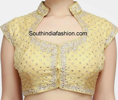 kundan work blouse                                                                                                                                                                                 More Collar Neck Blouse, Blouse Designs High Neck, Cotton Blouse Design, Cotton Saree Blouse Designs, Saree Blouse Neck Designs, Kundan Work, New Saree Blouse Designs, Backless Blouse Designs, Designer Saree Blouse