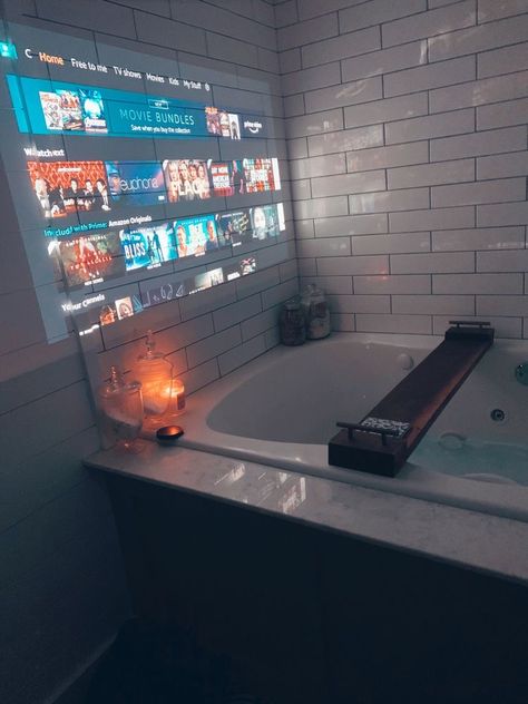 Aethstetic Bathroom Ideas, Projector In Bathroom, Themed Rooms In House, Chill Bathroom Aesthetic, Bathroom Decor Led Lights, Peaceful Bathroom Ideas, Bathroom Projector, Dream Apartment Decor Bathroom, Chill Apartment Vibes Bathroom